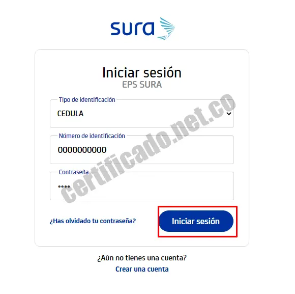 Pagina web del EPS SURA donde se puede descargar su certificado