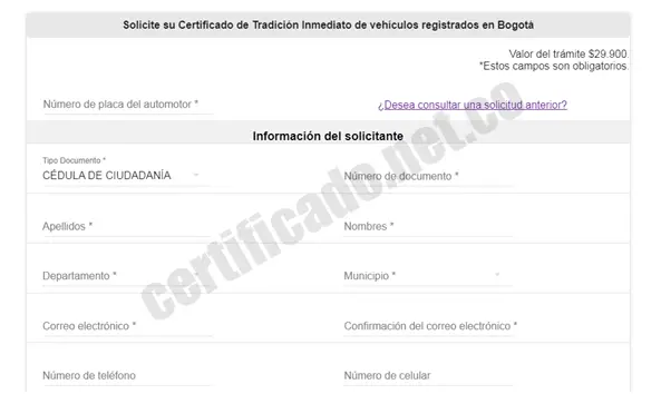 Formulario de solicitud de certificado tradición vehículos